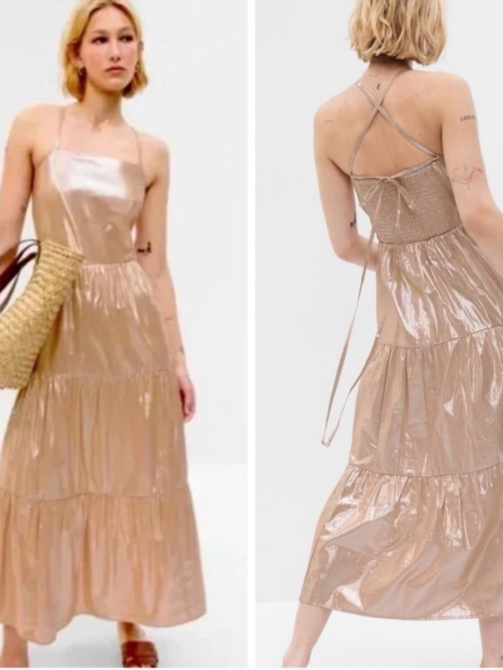 Gap maxi dress metallic shimmery finish, tiered skirt adjustable spaghetti strap